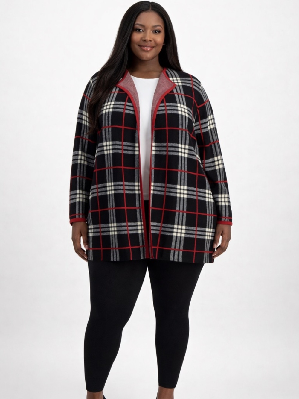 Kasper Open-Front Plaid Long-Sleeve Cardigan Black/White/Red/ NWT Plus Size